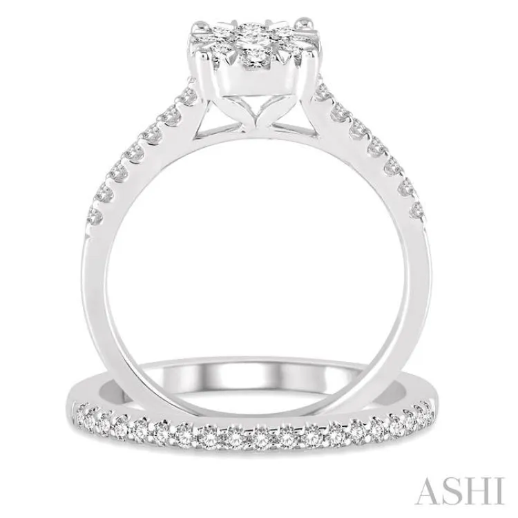 1 Ctw Round Cut Diamond Lovebright Bridal Set with 3/4 Ctw Engagement Ring and 1/4 Ctw Wedding Band in 14K White Gold