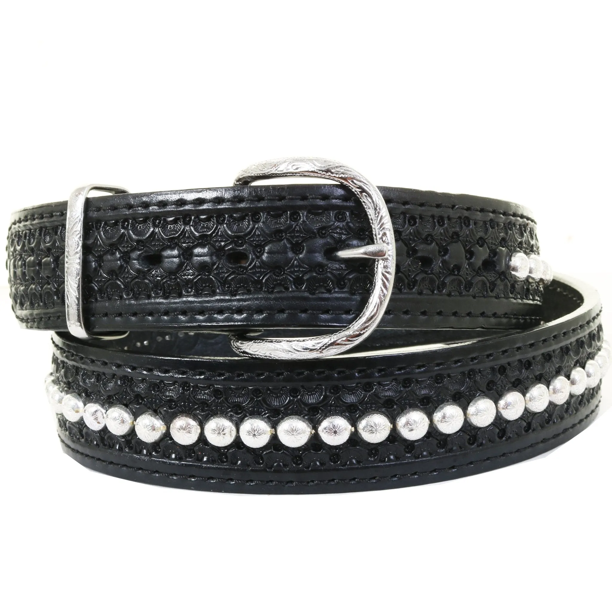 B530A - Black Leather Tooled Studded Belt