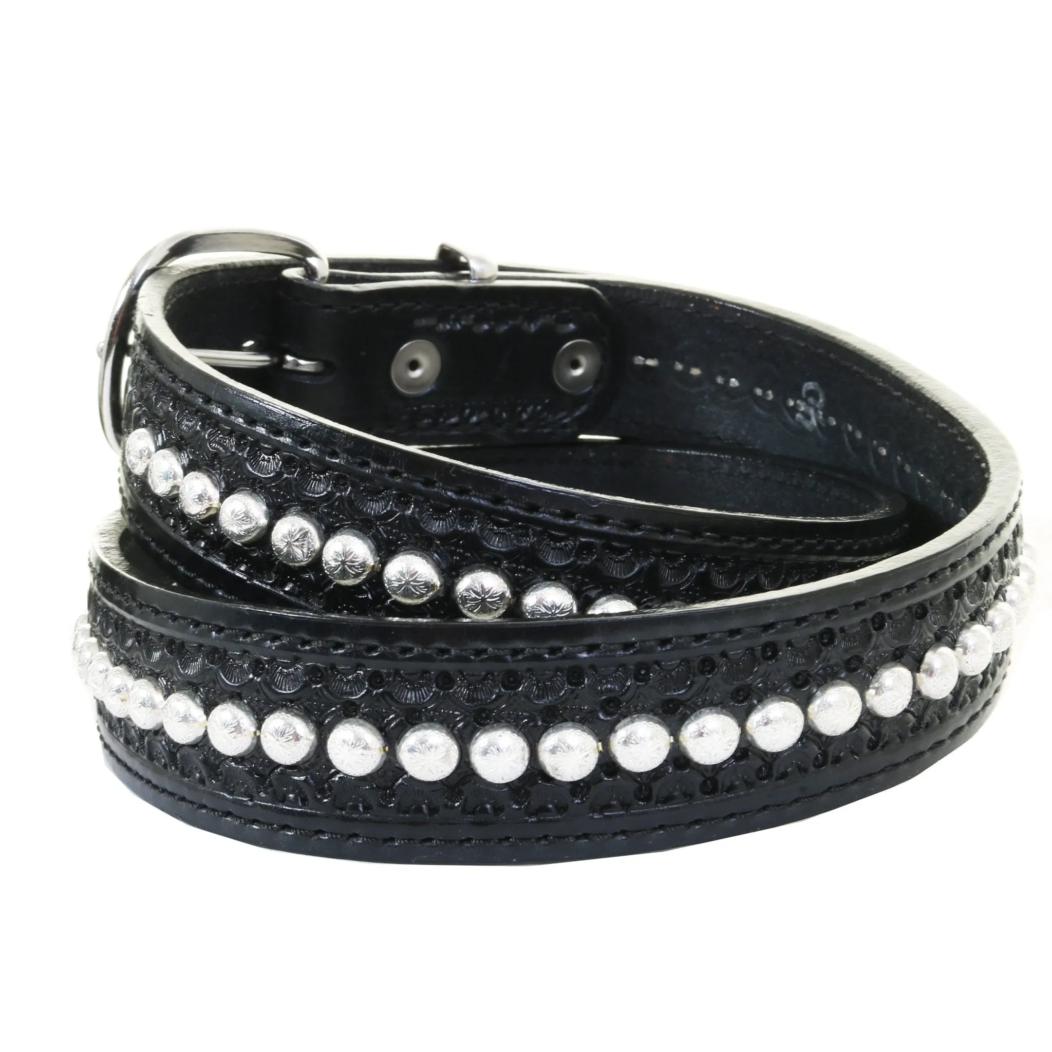 B530A - Black Leather Tooled Studded Belt