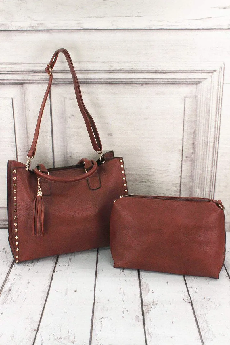 Brown Faux Leather Studded 2-in-1 Tassel Tote