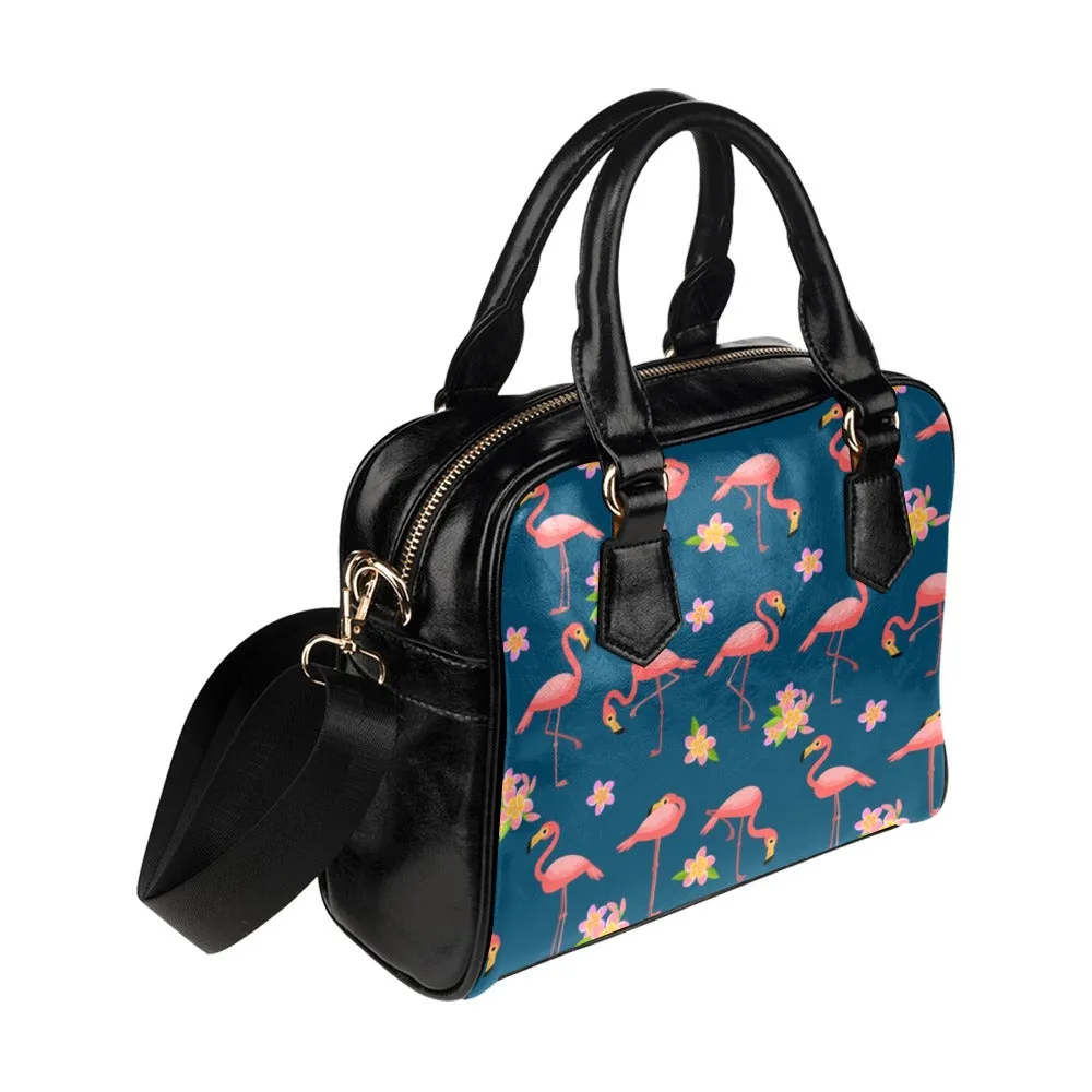 Cute Pink Flamingo Purse, Tropical Animal Black Blue Print Small Shoulder Vegan Leather Women Designer Zipper Strap Handbag Crossbody Bag