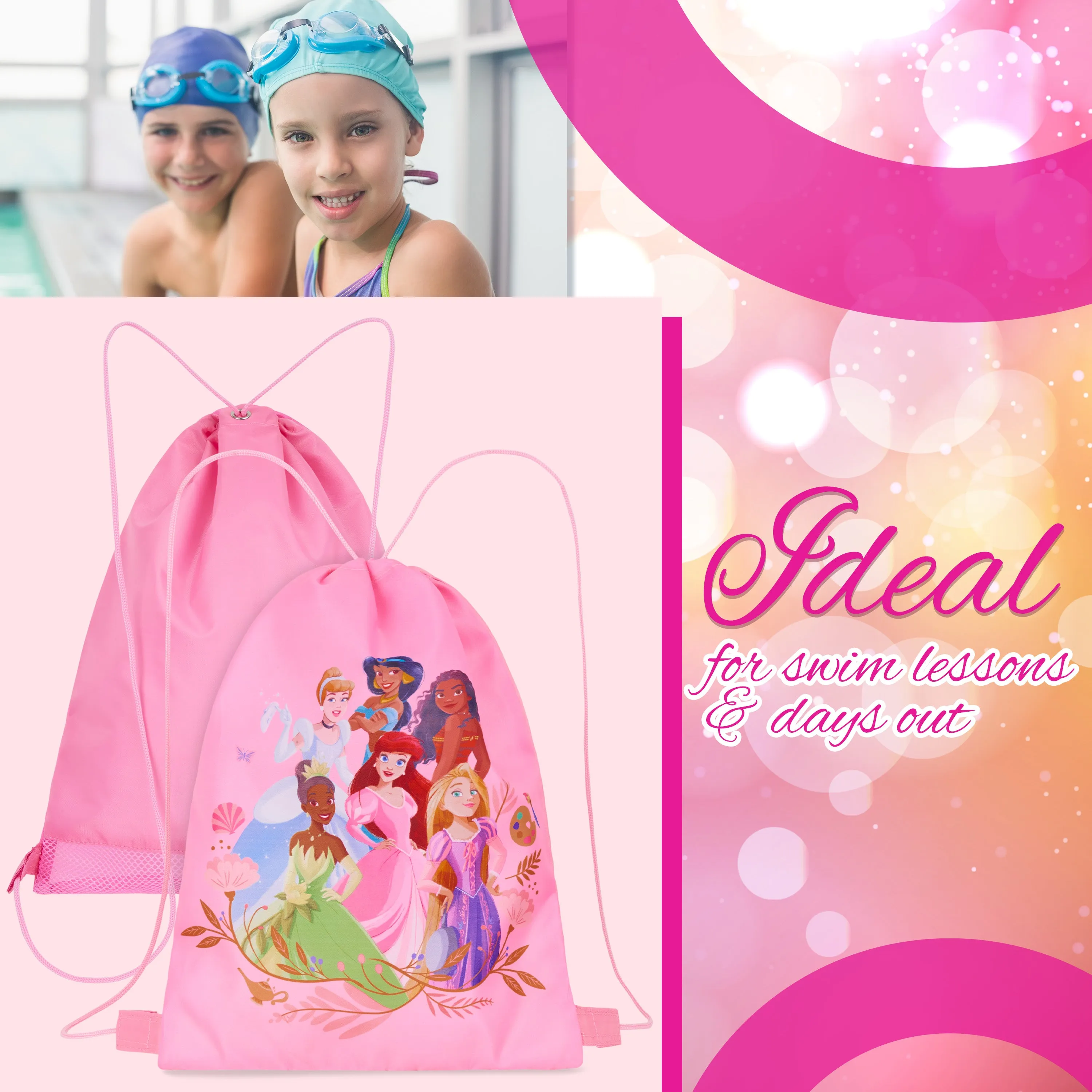 Disney Kids Drawstring Bags, 29 x 38cm Swimming Bag with Airflow Vent - Princess