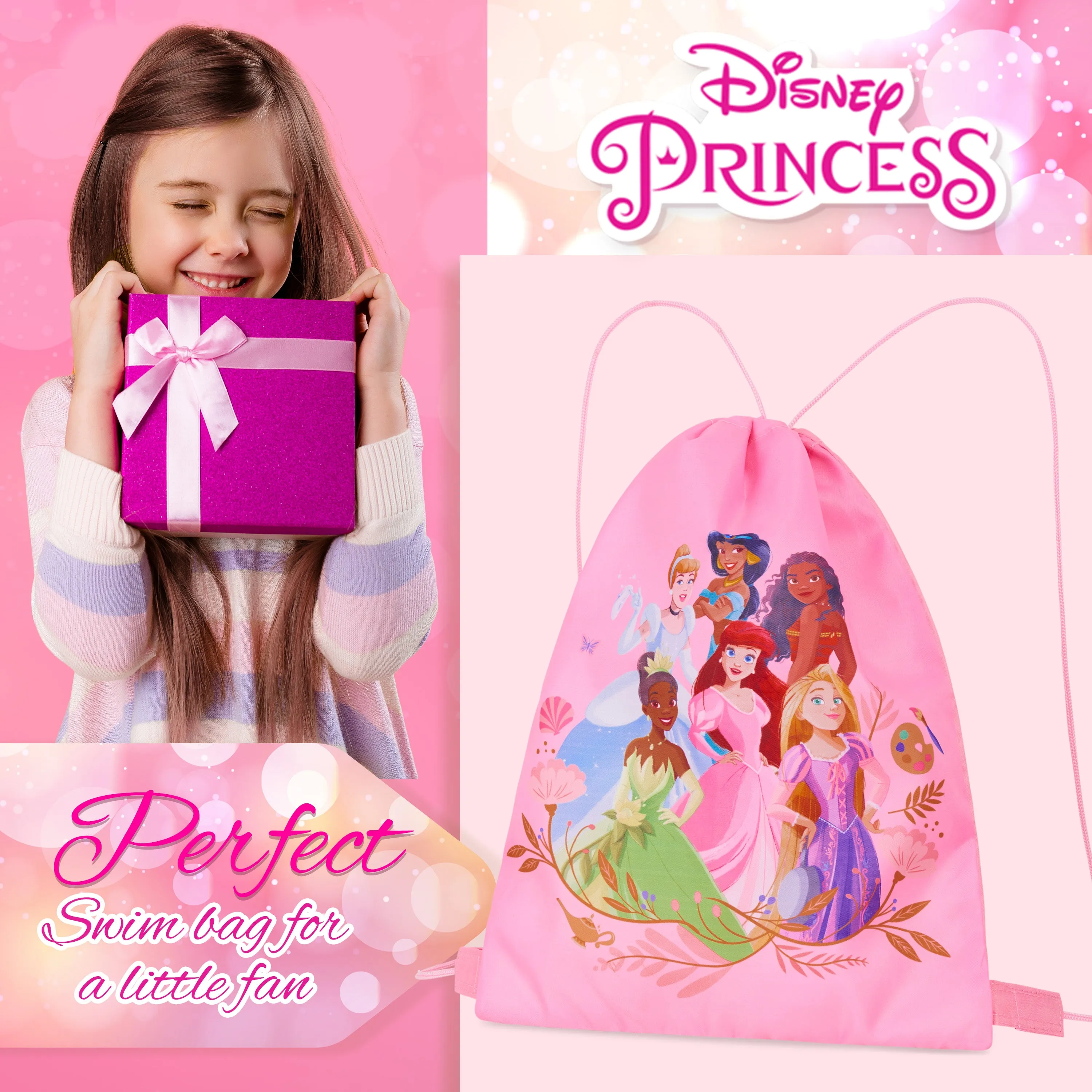 Disney Kids Drawstring Bags, 29 x 38cm Swimming Bag with Airflow Vent - Princess