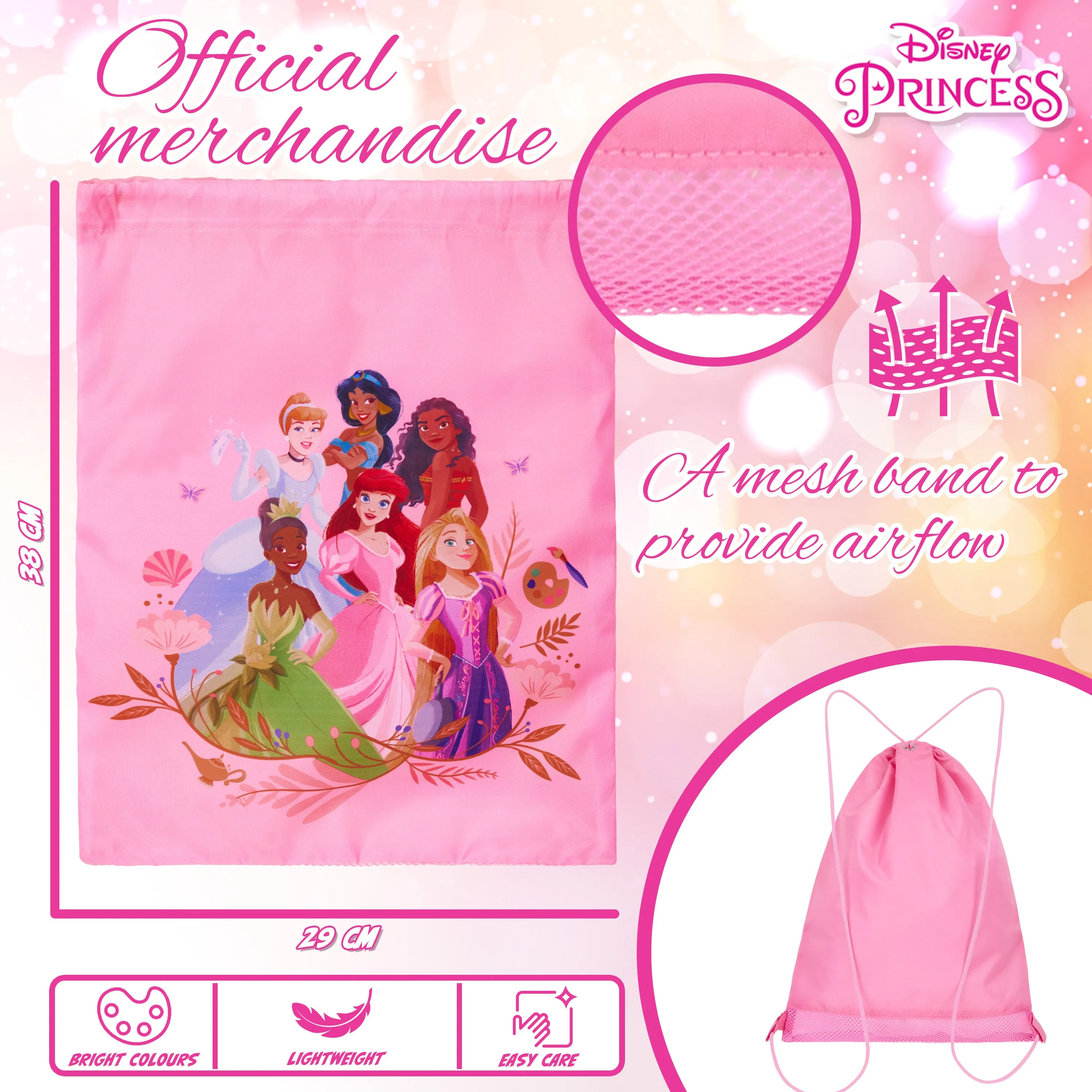 Disney Kids Drawstring Bags, 29 x 38cm Swimming Bag with Airflow Vent - Princess