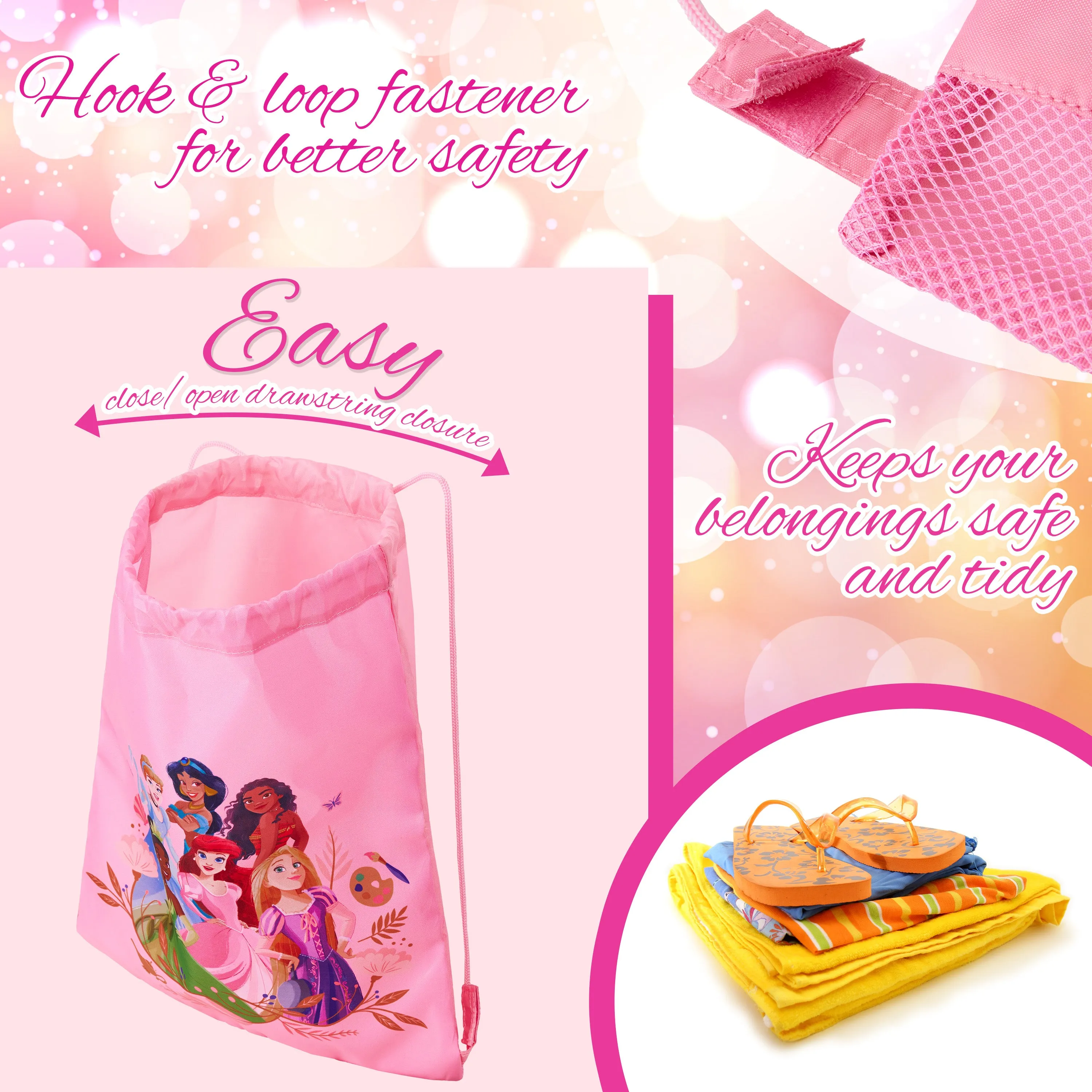 Disney Kids Drawstring Bags, 29 x 38cm Swimming Bag with Airflow Vent - Princess