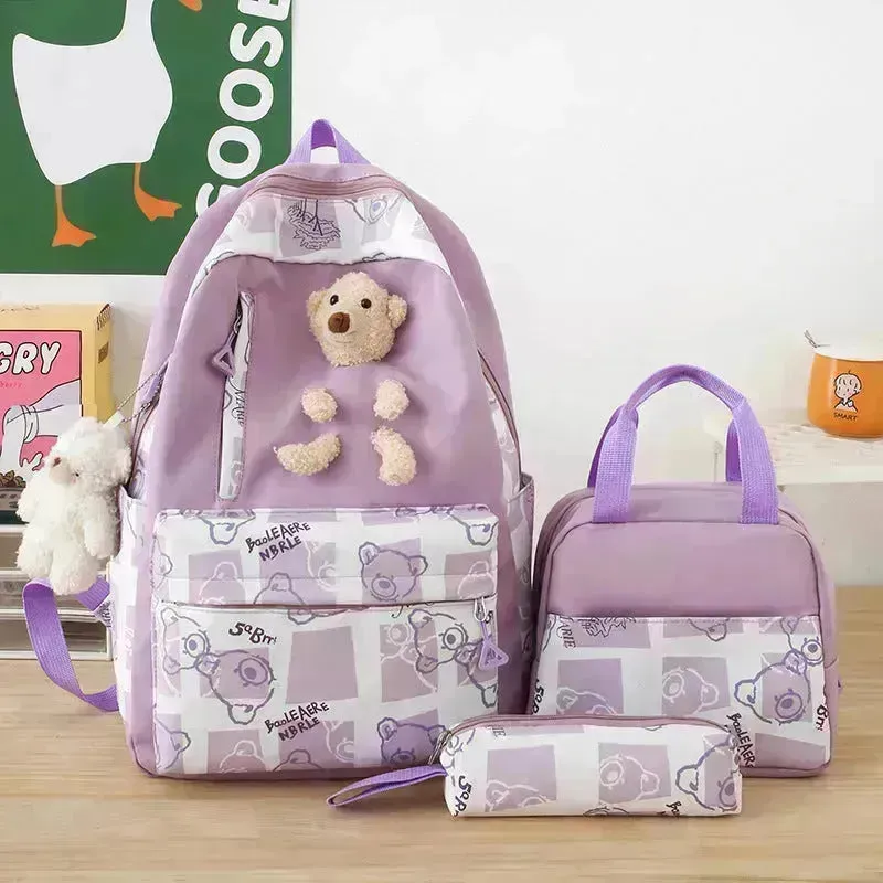 Elementary And Middle School Student Schoolbags Women's Cute Bear Lunch Box Bag Three-piece Set Lunch Bag Backpack