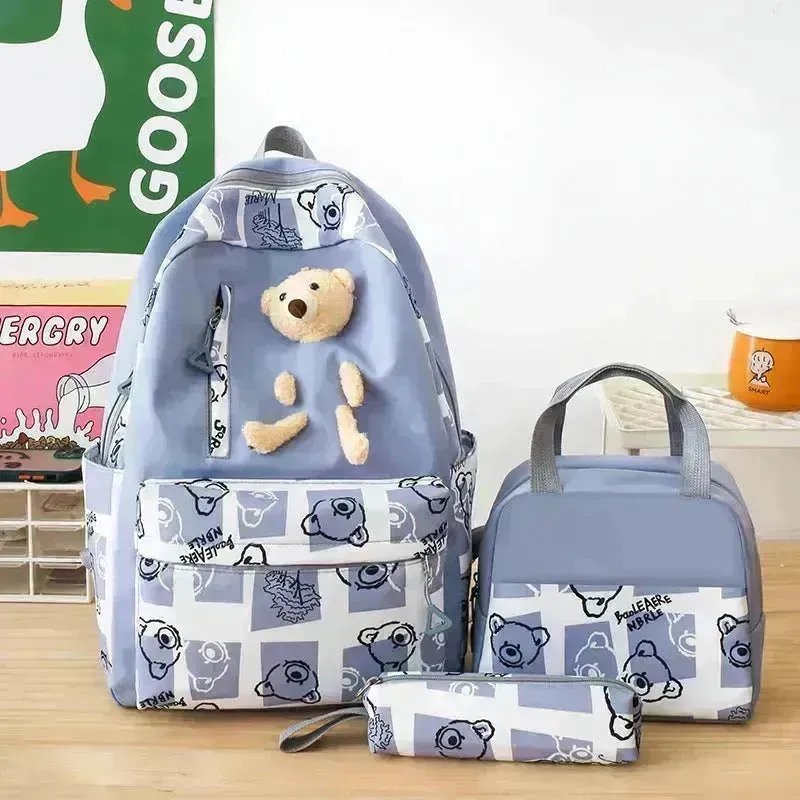 Elementary And Middle School Student Schoolbags Women's Cute Bear Lunch Box Bag Three-piece Set Lunch Bag Backpack