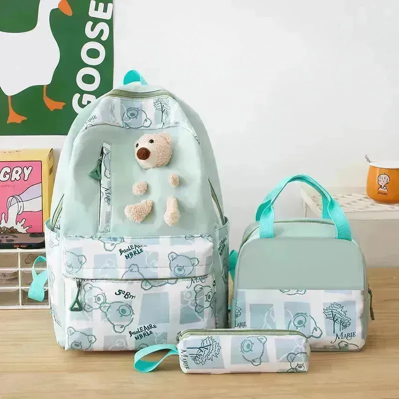 Elementary And Middle School Student Schoolbags Women's Cute Bear Lunch Box Bag Three-piece Set Lunch Bag Backpack