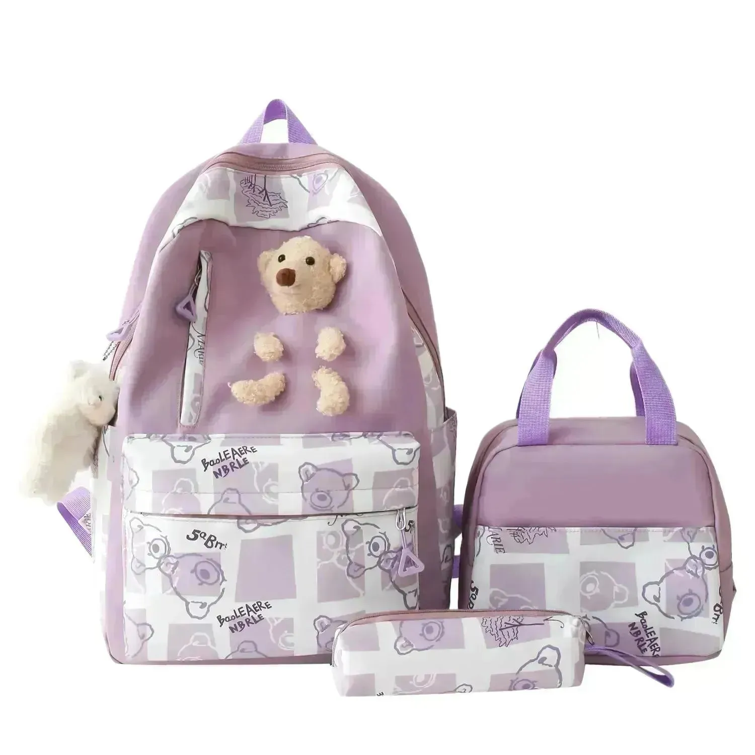 Elementary And Middle School Student Schoolbags Women's Cute Bear Lunch Box Bag Three-piece Set Lunch Bag Backpack