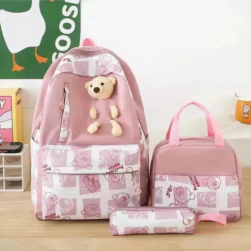 Elementary And Middle School Student Schoolbags Women's Cute Bear Lunch Box Bag Three-piece Set Lunch Bag Backpack
