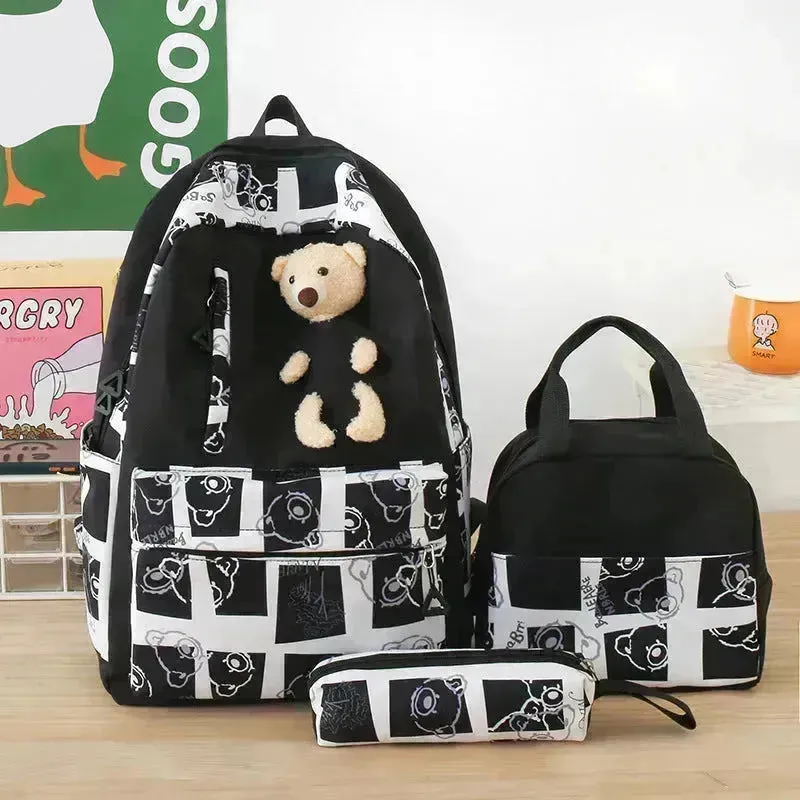 Elementary And Middle School Student Schoolbags Women's Cute Bear Lunch Box Bag Three-piece Set Lunch Bag Backpack