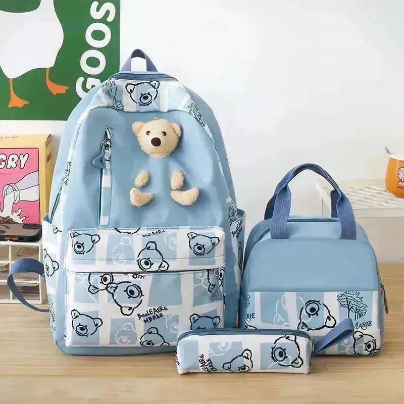 Elementary And Middle School Student Schoolbags Women's Cute Bear Lunch Box Bag Three-piece Set Lunch Bag Backpack
