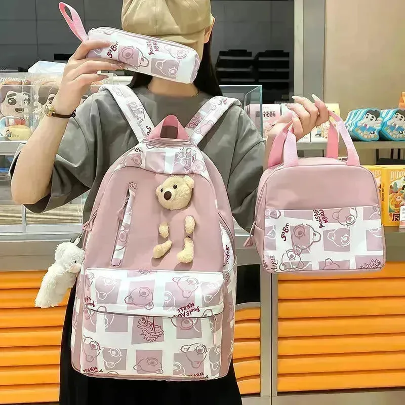 Elementary And Middle School Student Schoolbags Women's Cute Bear Lunch Box Bag Three-piece Set Lunch Bag Backpack