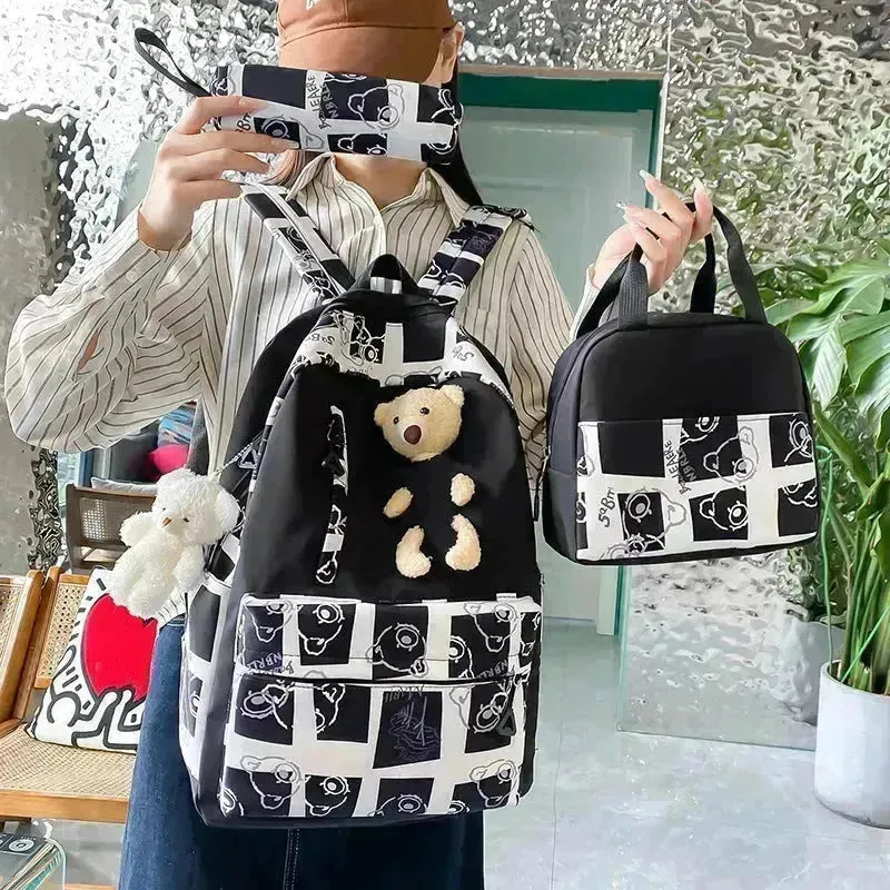 Elementary And Middle School Student Schoolbags Women's Cute Bear Lunch Box Bag Three-piece Set Lunch Bag Backpack
