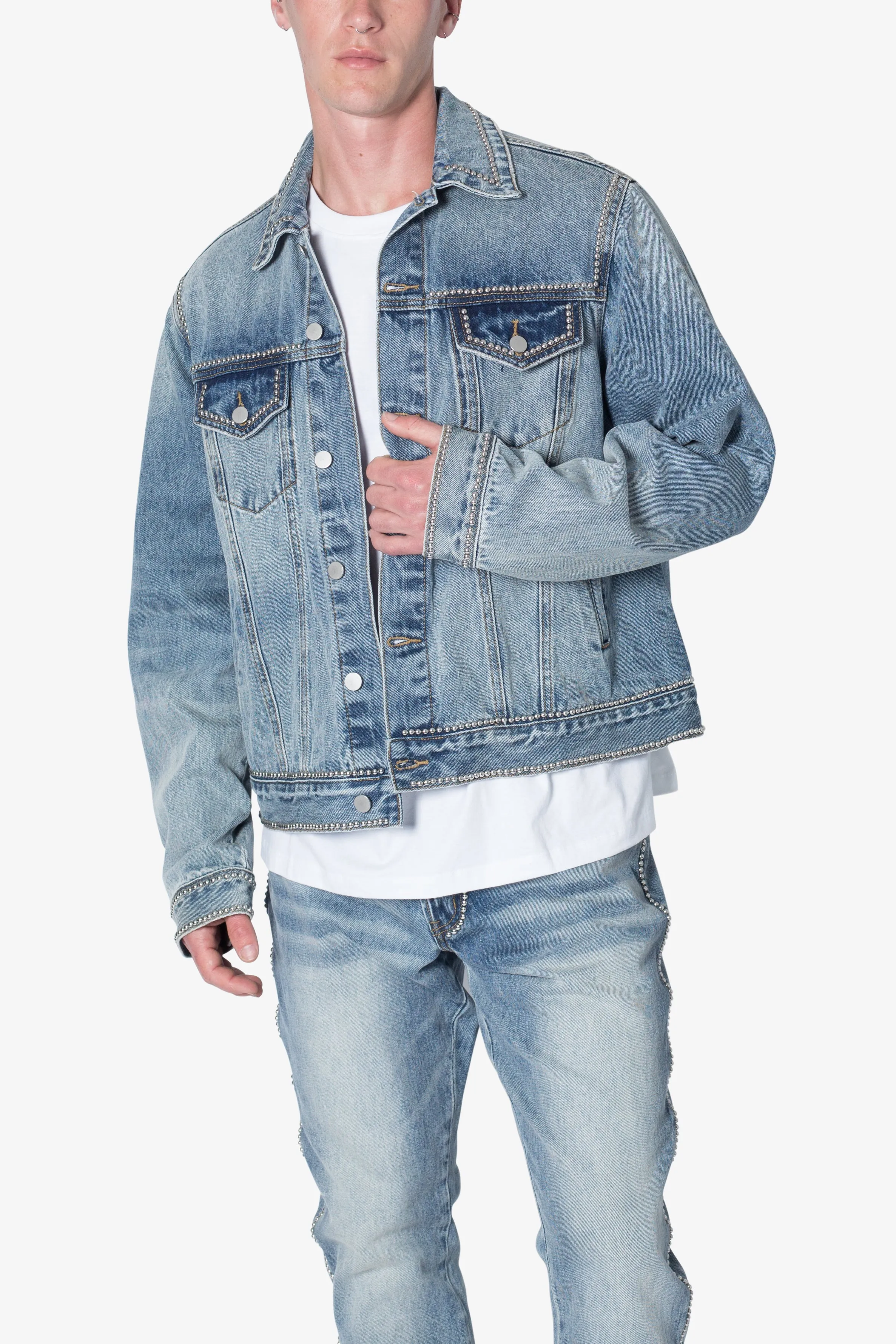 Flat Studded Trucker Jacket - Blue