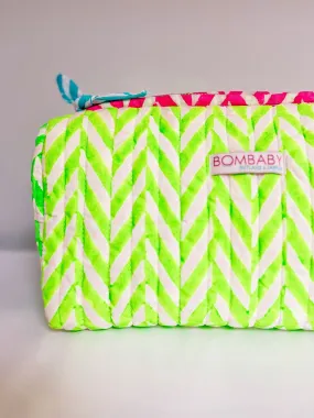 Handmade Block Print Quilted Wash Bag | Neon Green