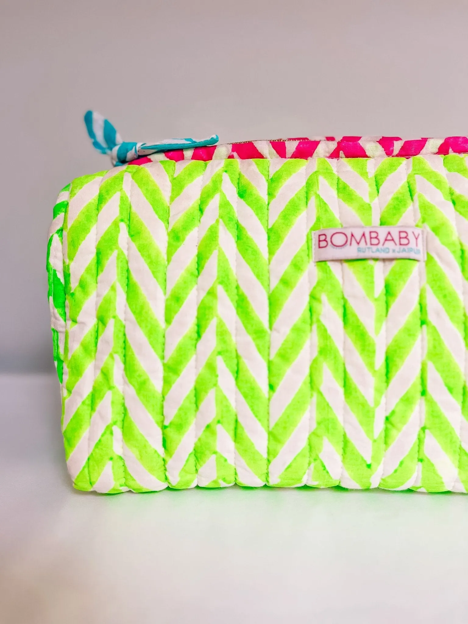 Handmade Block Print Quilted Wash Bag | Neon Green
