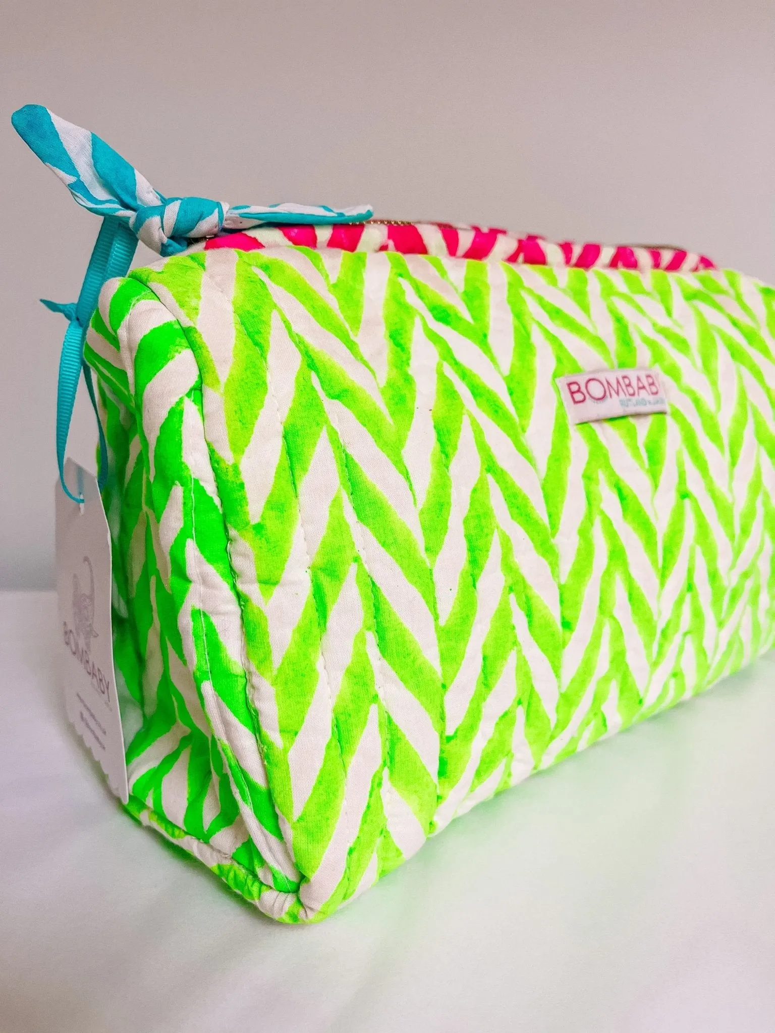 Handmade Block Print Quilted Wash Bag | Neon Green