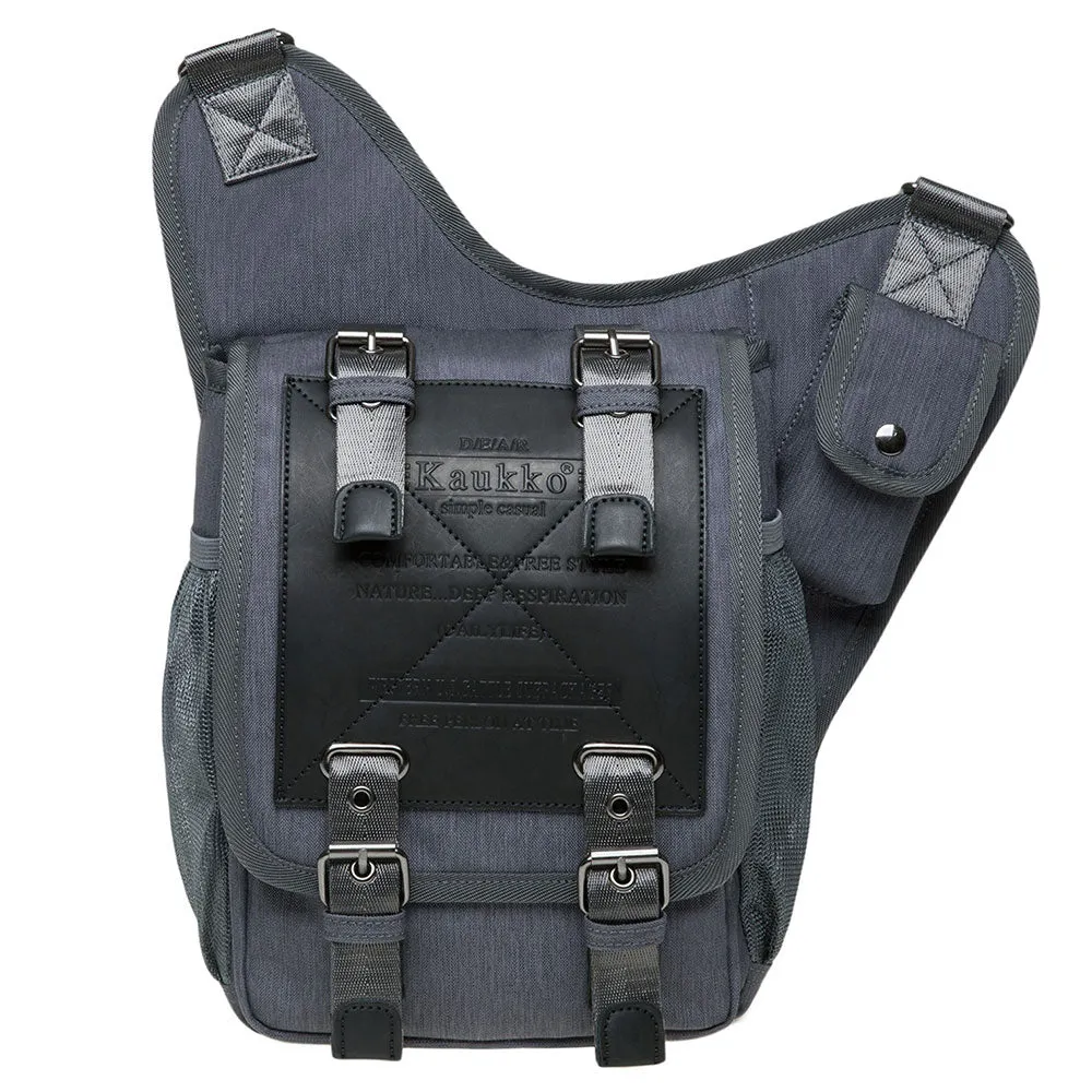 KAUKKO Mens Vintage Canvas Shoulder Messenger Bag Chest Leather Patchwork Messenger Bag FH03-1 ( Grey )