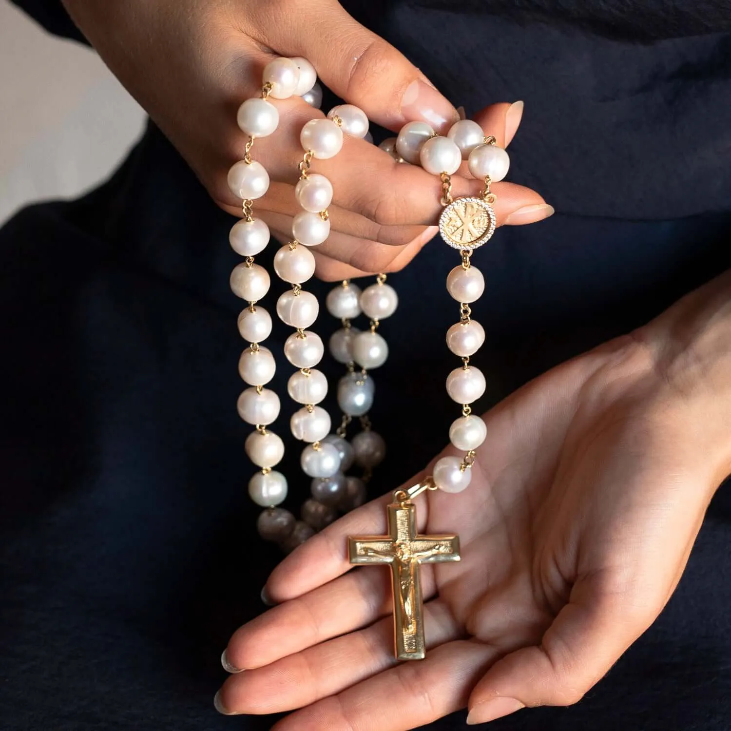 LARGE PEARL BEADS ROSARY - VERMEIL SILVER