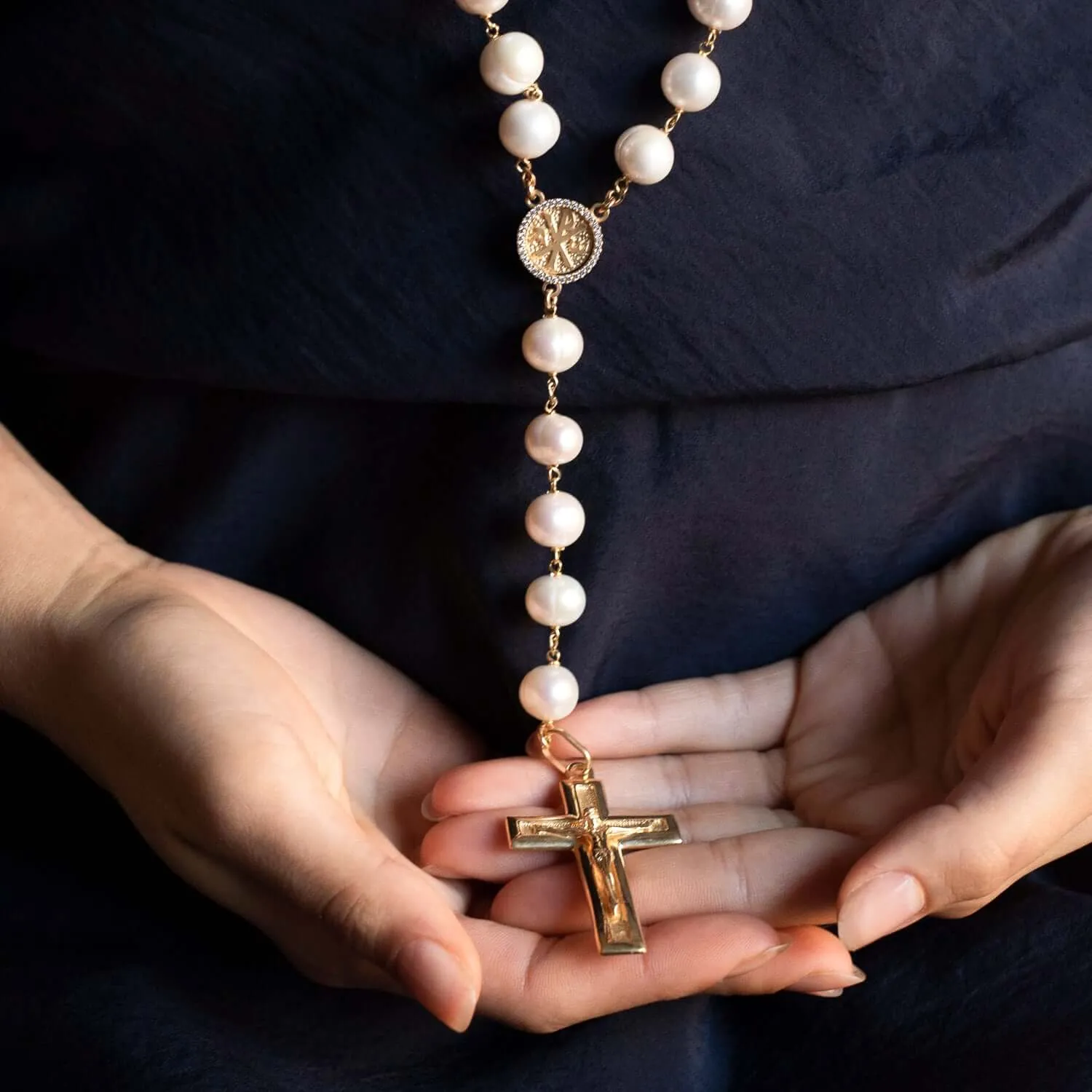 LARGE PEARL BEADS ROSARY - VERMEIL SILVER