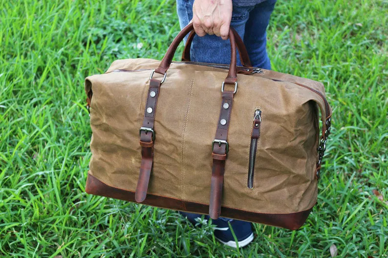 Large Waxed Canvas Weekender Duffle Bag Travel Mens-Black