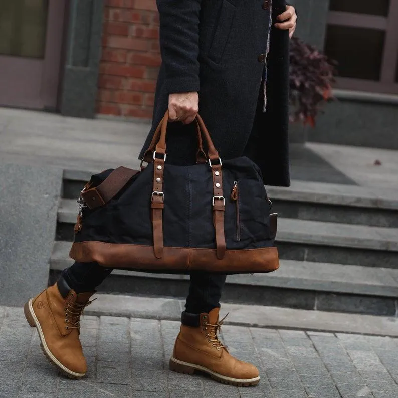 Large Waxed Canvas Weekender Duffle Bag Travel Mens-Black