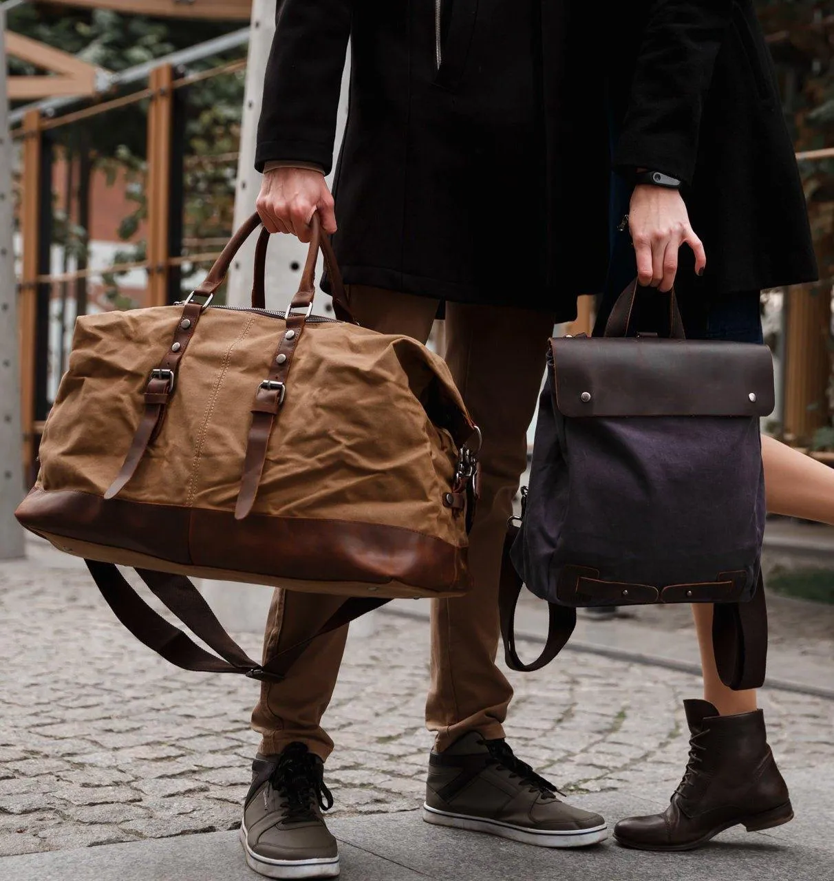 Large Waxed Canvas Weekender Duffle Bag Travel Mens-Black