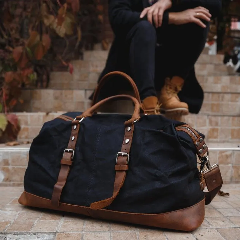 Large Waxed Canvas Weekender Duffle Bag Travel Mens-Black