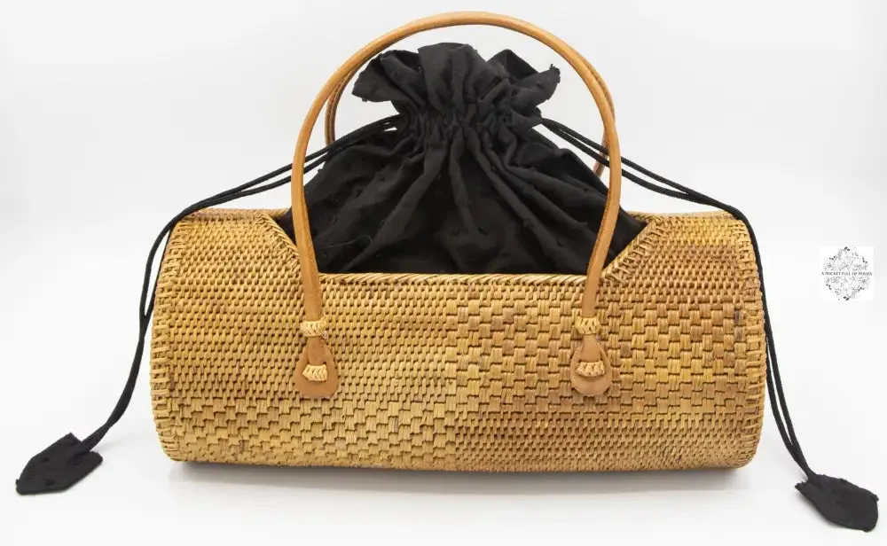 Long cylinder Ata bag with top handles, black drawstring lining