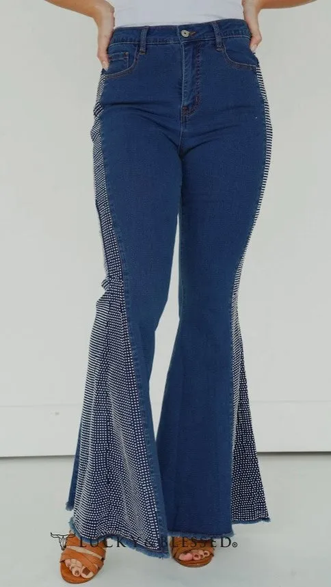 Lucky & Blessed Plus Size Denim Rhinestone Studded Side Panel Flare Jeans JE171-MW-X