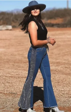 Lucky & Blessed Plus Size Denim Rhinestone Studded Side Panel Flare Jeans JE171-MW-X