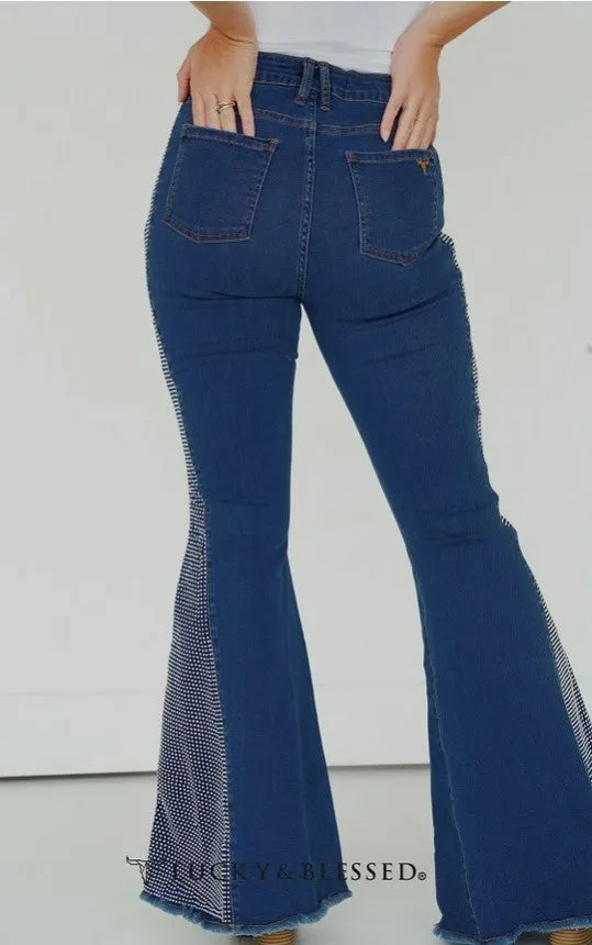 Lucky & Blessed Plus Size Denim Rhinestone Studded Side Panel Flare Jeans JE171-MW-X
