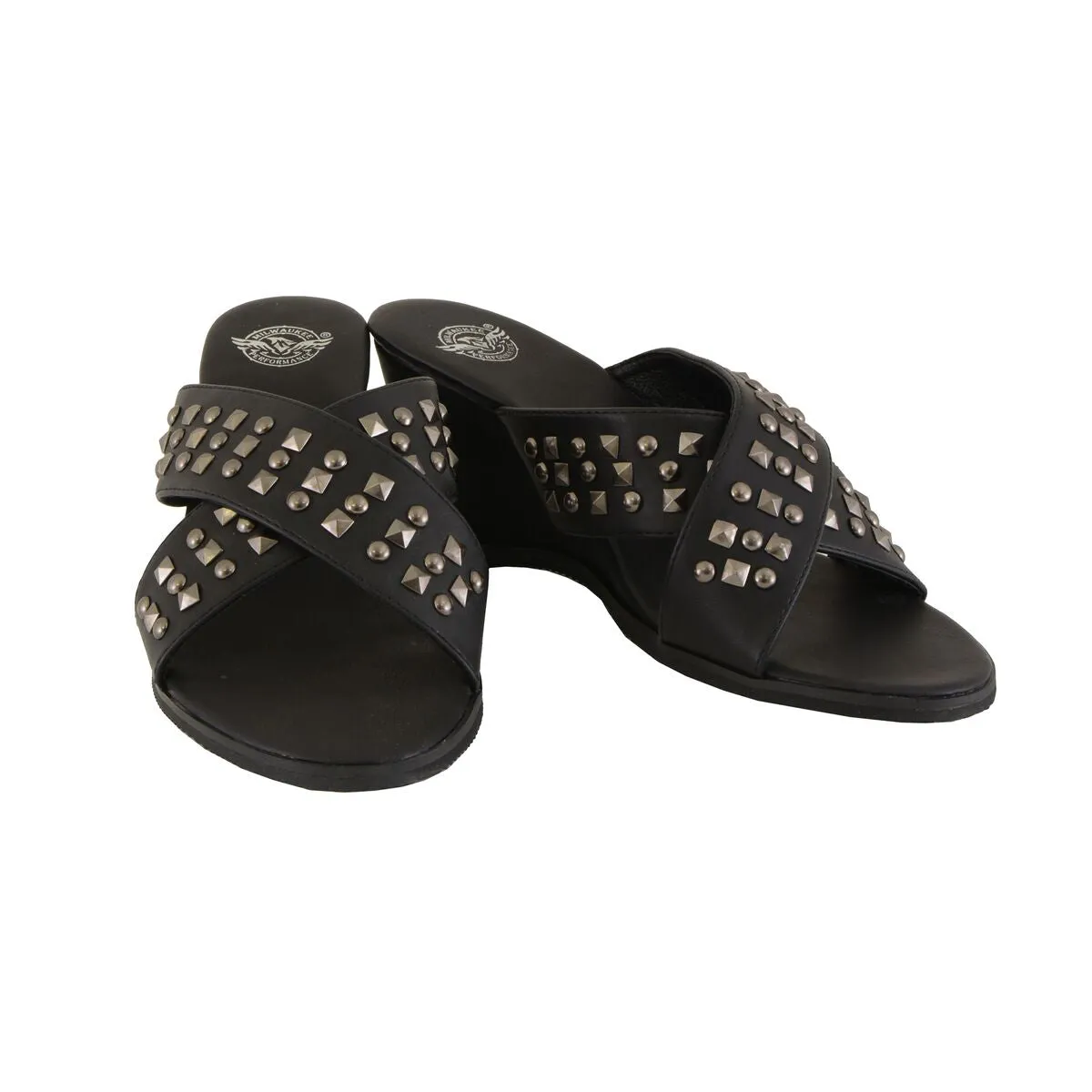 Milwaukee Leather MBL9455 Women's Black Studded Crossover Strap Wedges