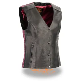 Milwaukee Leather MLL4570 Ladies Black and Fuchsia 'Studded Phoenix' Leather Vest