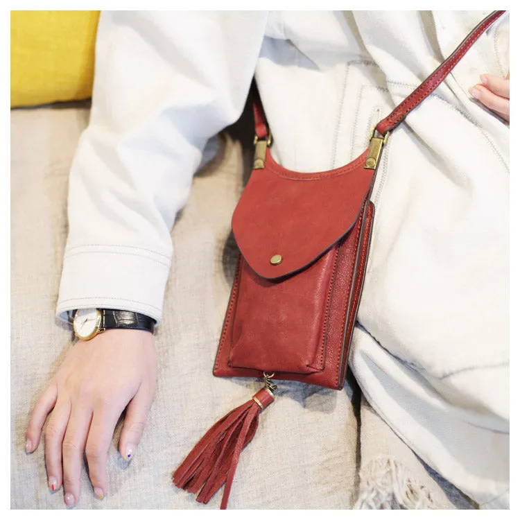 Mini Women's Leather Crossbody Phone Bag With Fringe Satchel Purse for Womens