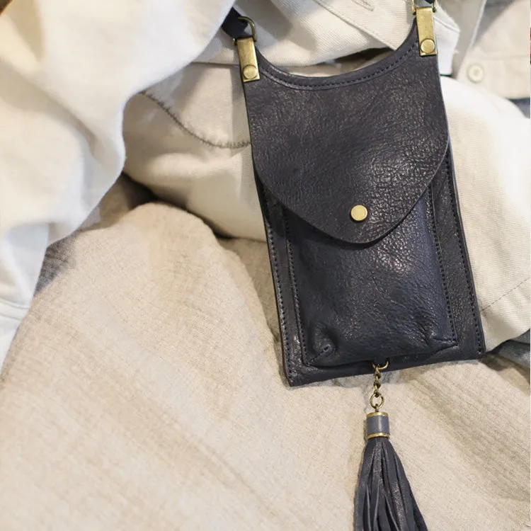 Mini Women's Leather Crossbody Phone Bag With Fringe Satchel Purse for Womens