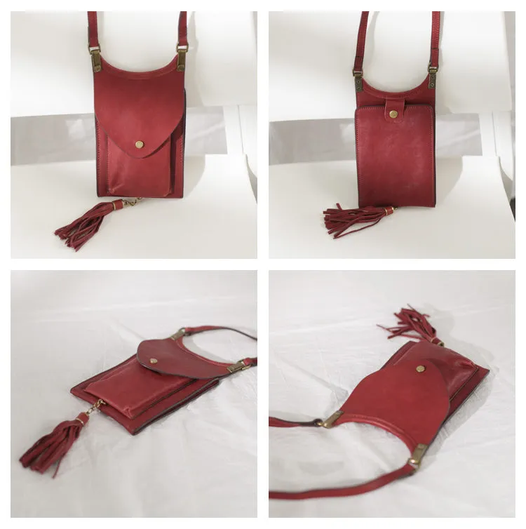 Mini Women's Leather Crossbody Phone Bag With Fringe Satchel Purse for Womens