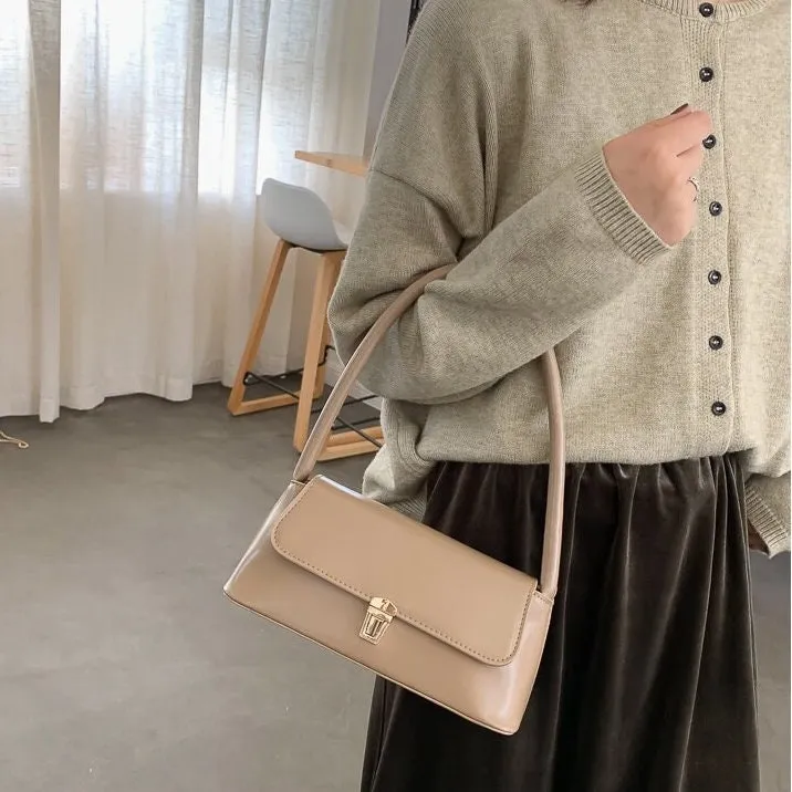 Minimalist Vegan Leather Shoulder Bag, Cute Leather Handle Handbag, Luxury Women’s Purse, Evening Bags Clutch, Elegant Leather Baguette