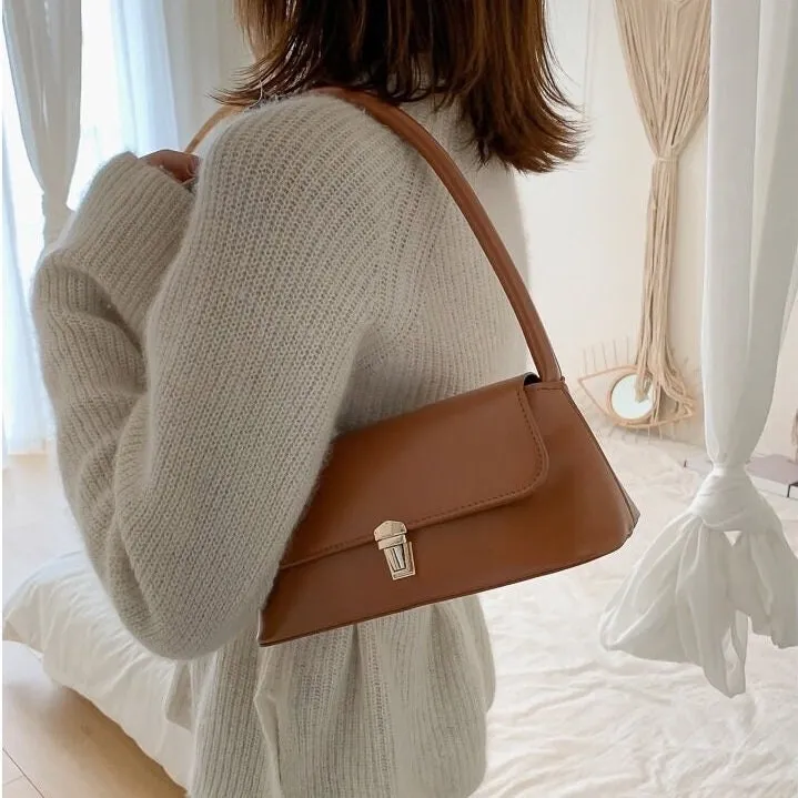 Minimalist Vegan Leather Shoulder Bag, Cute Leather Handle Handbag, Luxury Women’s Purse, Evening Bags Clutch, Elegant Leather Baguette