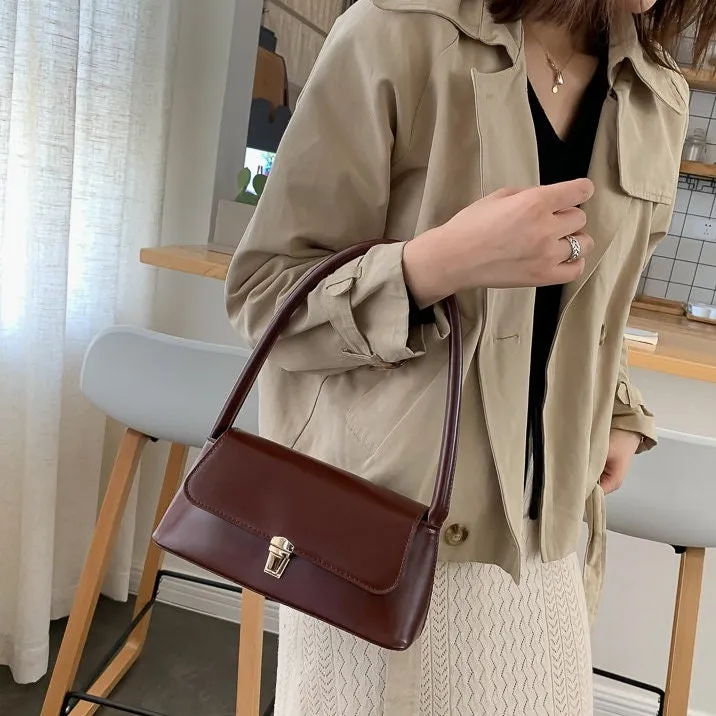 Minimalist Vegan Leather Shoulder Bag, Cute Leather Handle Handbag, Luxury Women’s Purse, Evening Bags Clutch, Elegant Leather Baguette