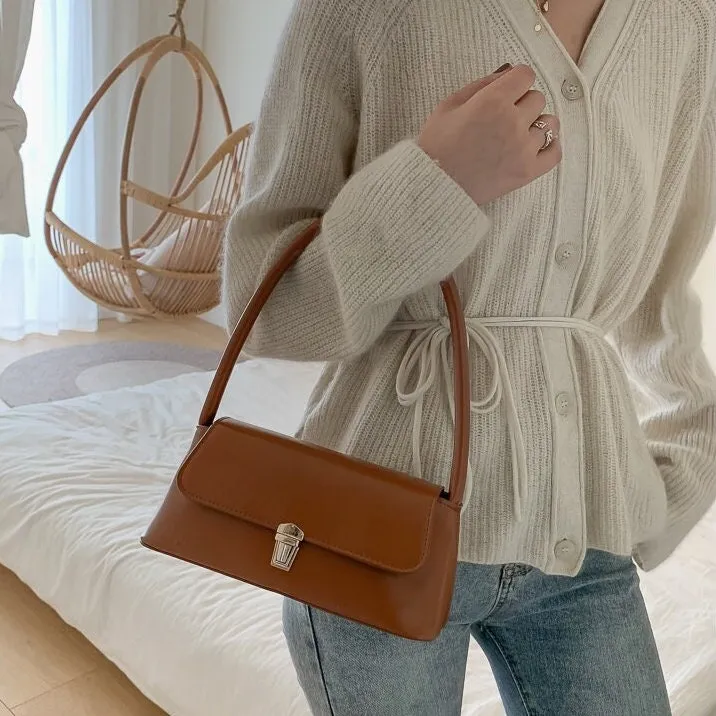 Minimalist Vegan Leather Shoulder Bag, Cute Leather Handle Handbag, Luxury Women’s Purse, Evening Bags Clutch, Elegant Leather Baguette