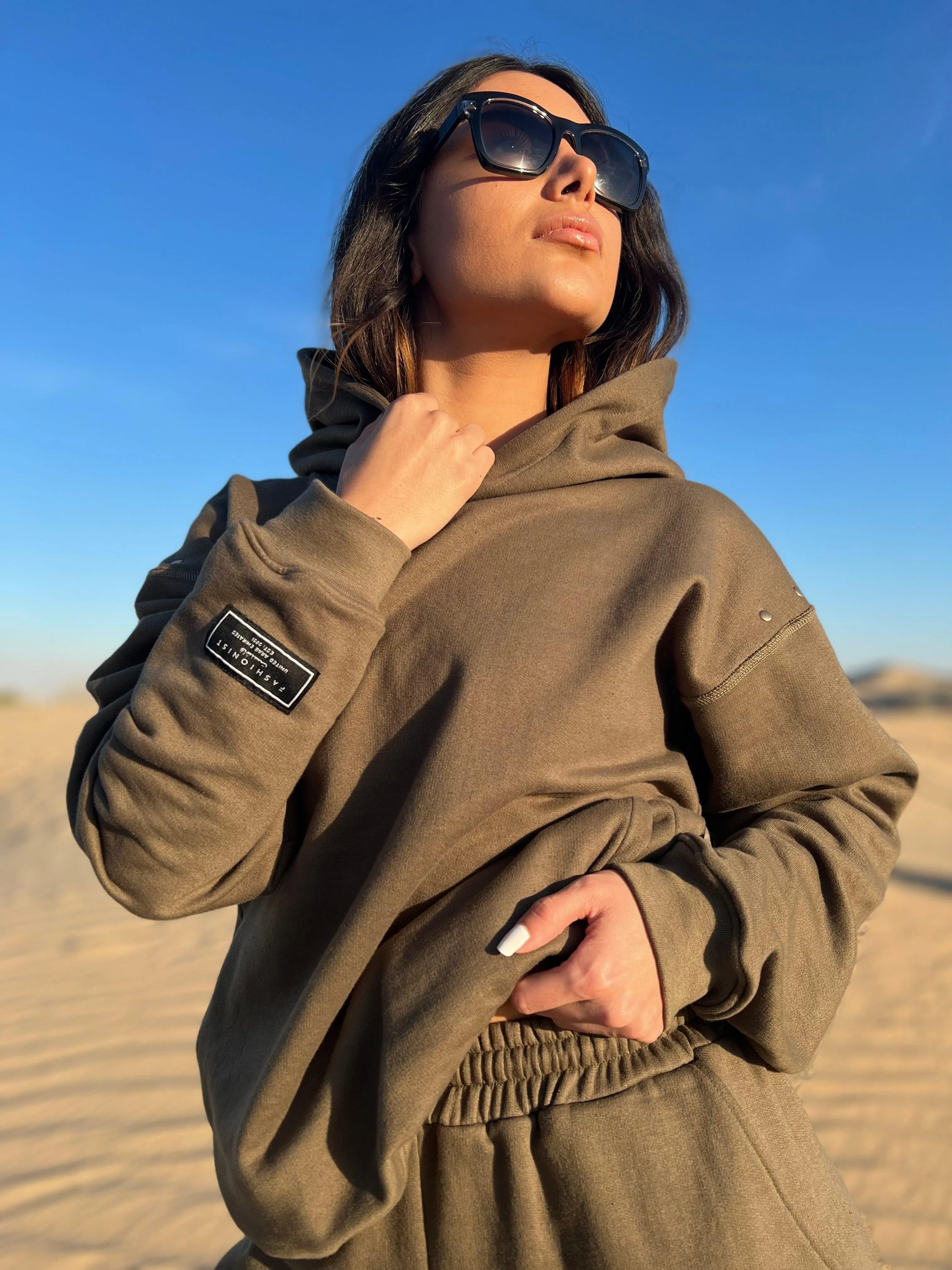 Olive fleece oversized hoodie with eyelets for women- Fashionist