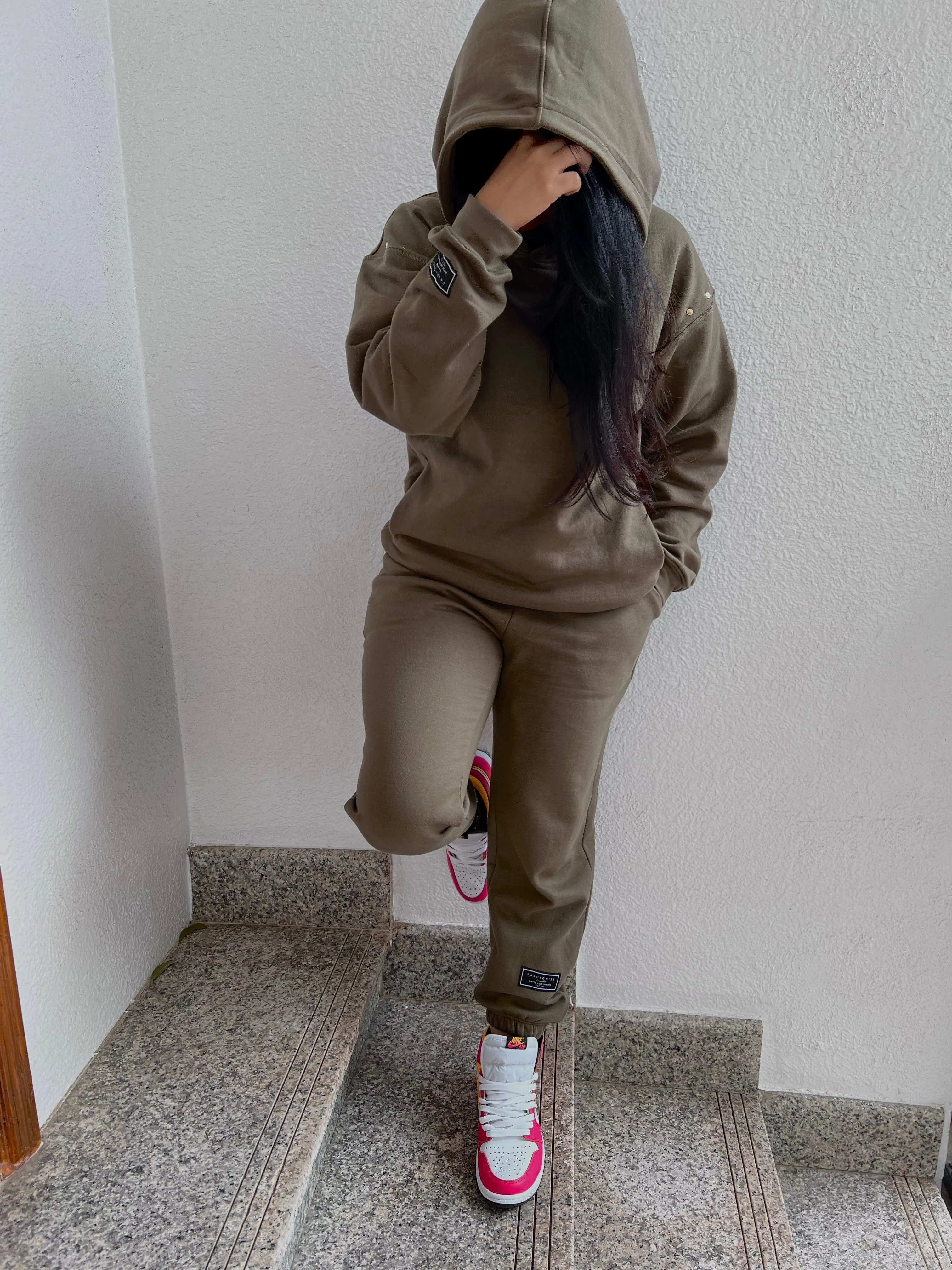 Olive fleece oversized hoodie with eyelets for women- Fashionist