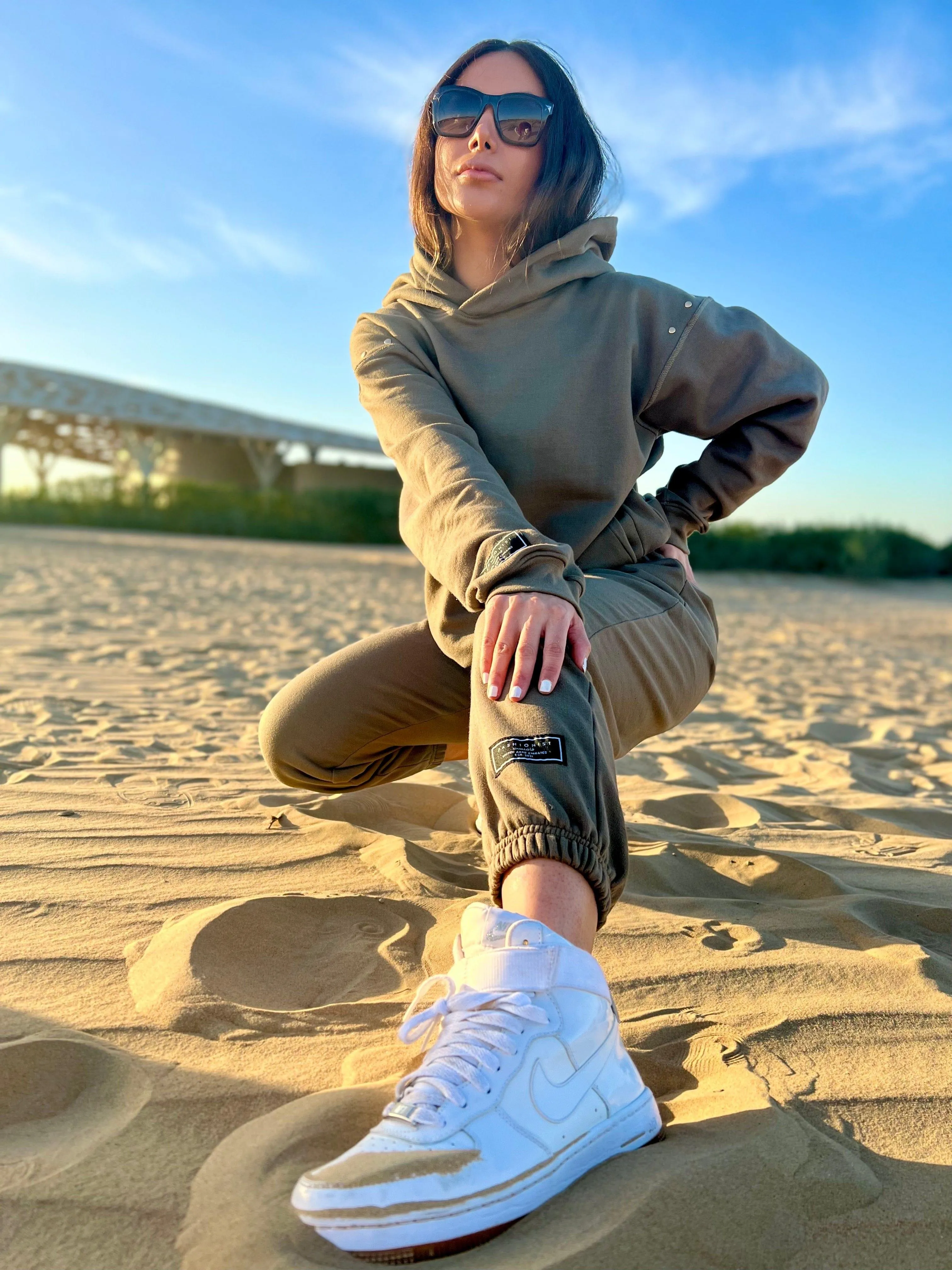 Olive fleece oversized hoodie with eyelets for women- Fashionist