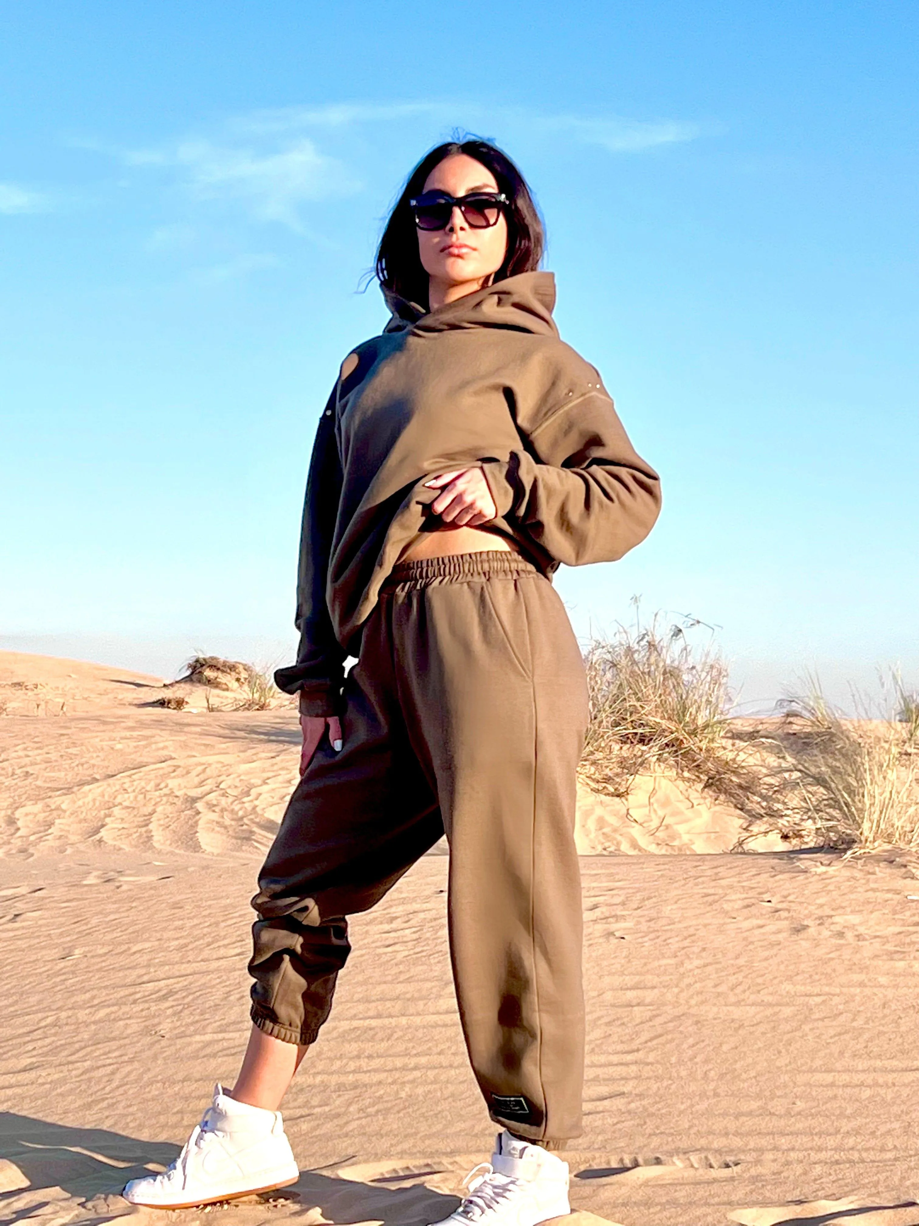 Olive fleece oversized hoodie with eyelets for women- Fashionist