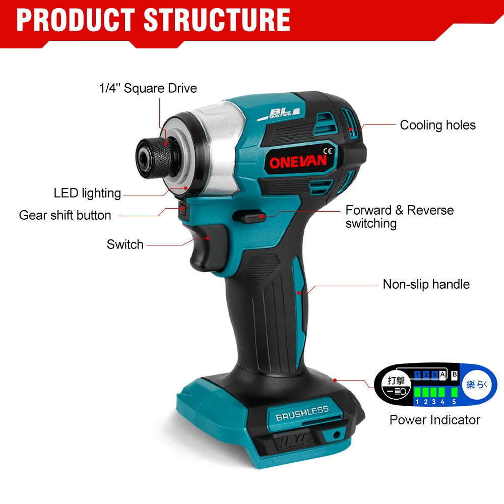 ONEVAN 1/2" Impact Wrench & 1/4" Screwdriver Brushless Cordless 2‑Pc. Combo Kit 6.0Ah