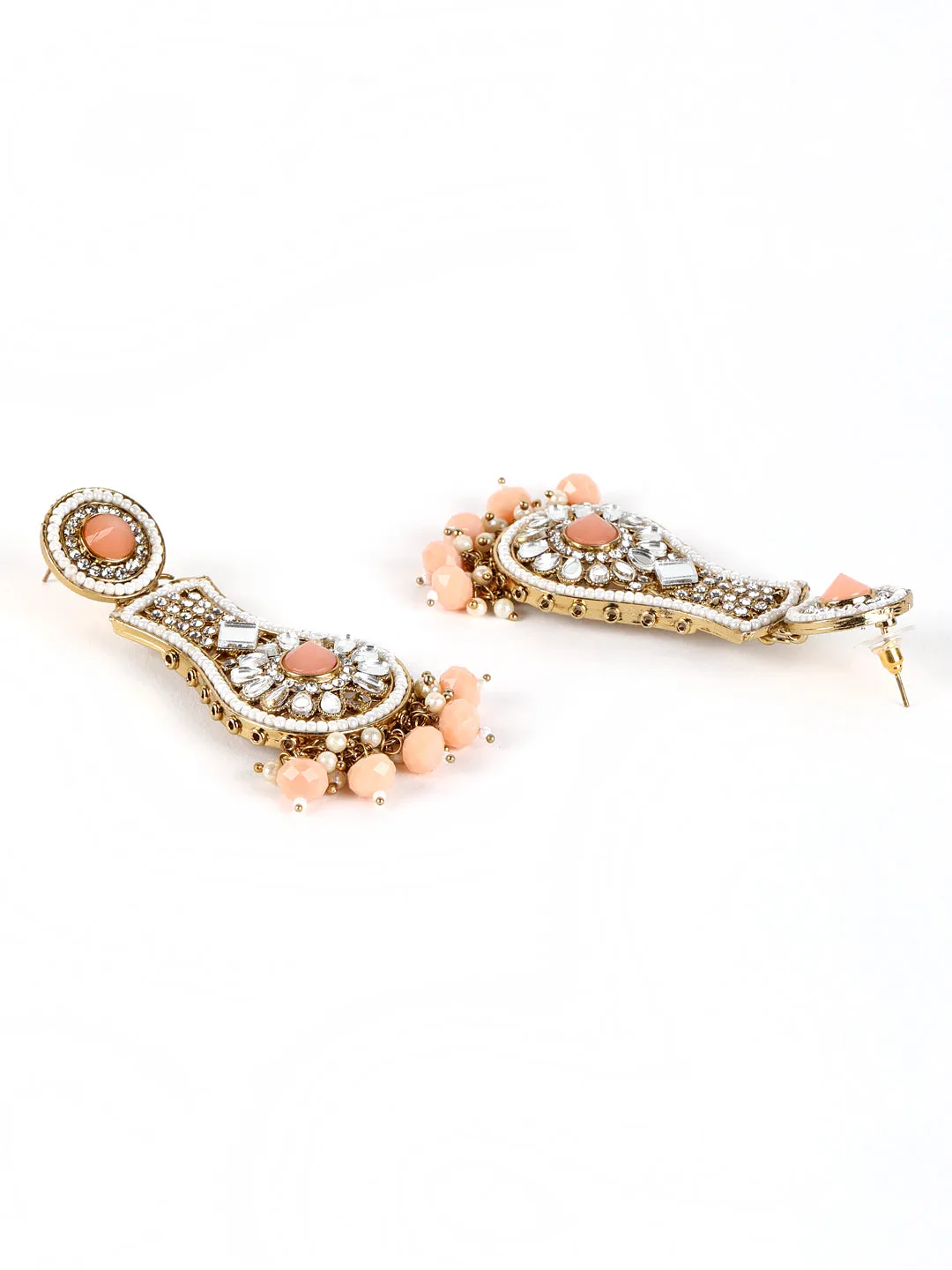 Peach Coloured Kundan Studded & Beaded Classic Drop Earrings
