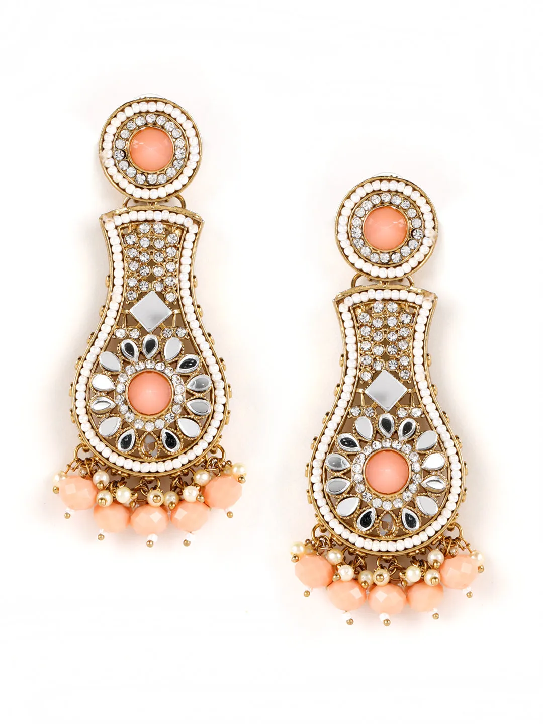 Peach Coloured Kundan Studded & Beaded Classic Drop Earrings