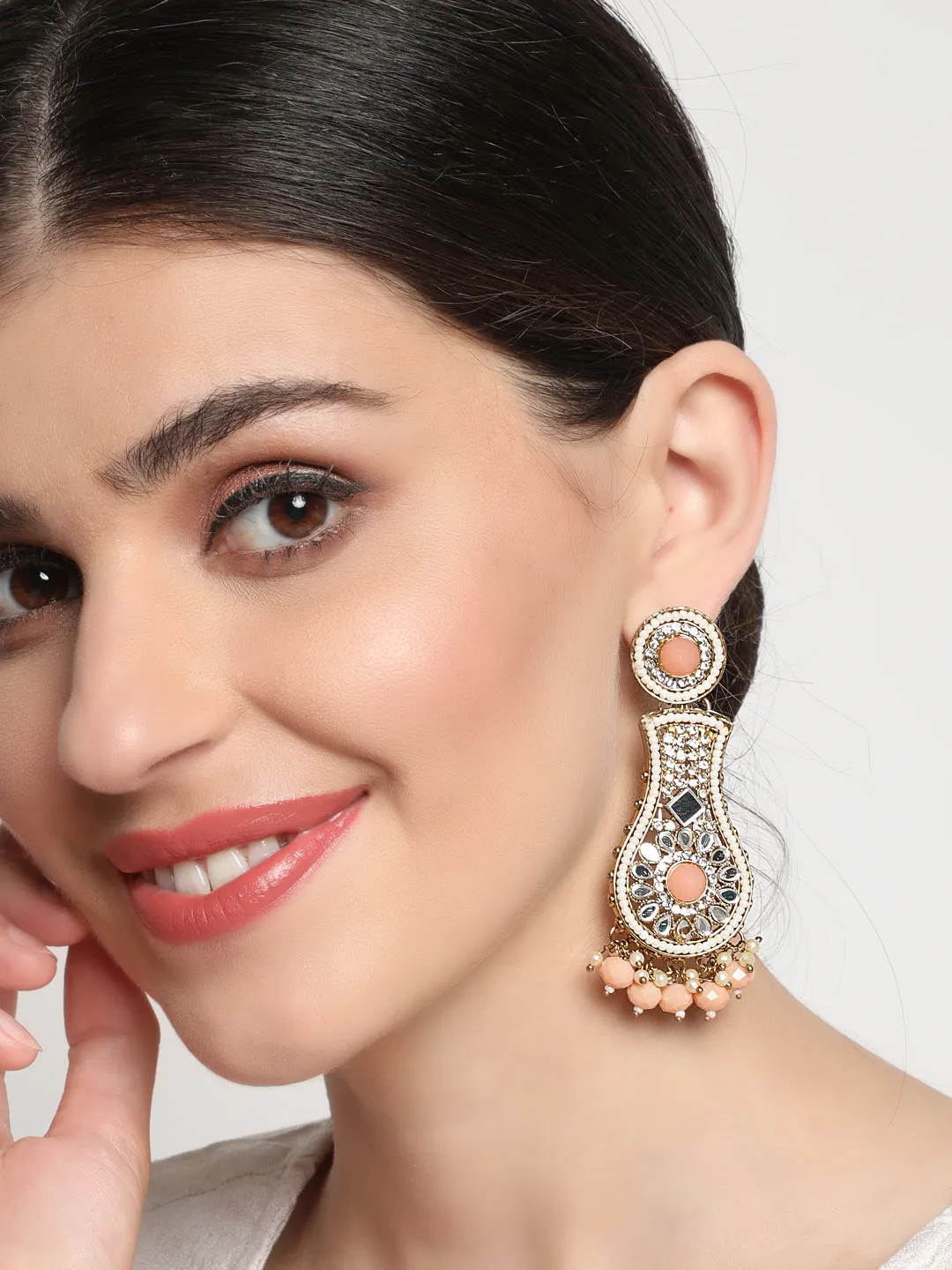 Peach Coloured Kundan Studded & Beaded Classic Drop Earrings